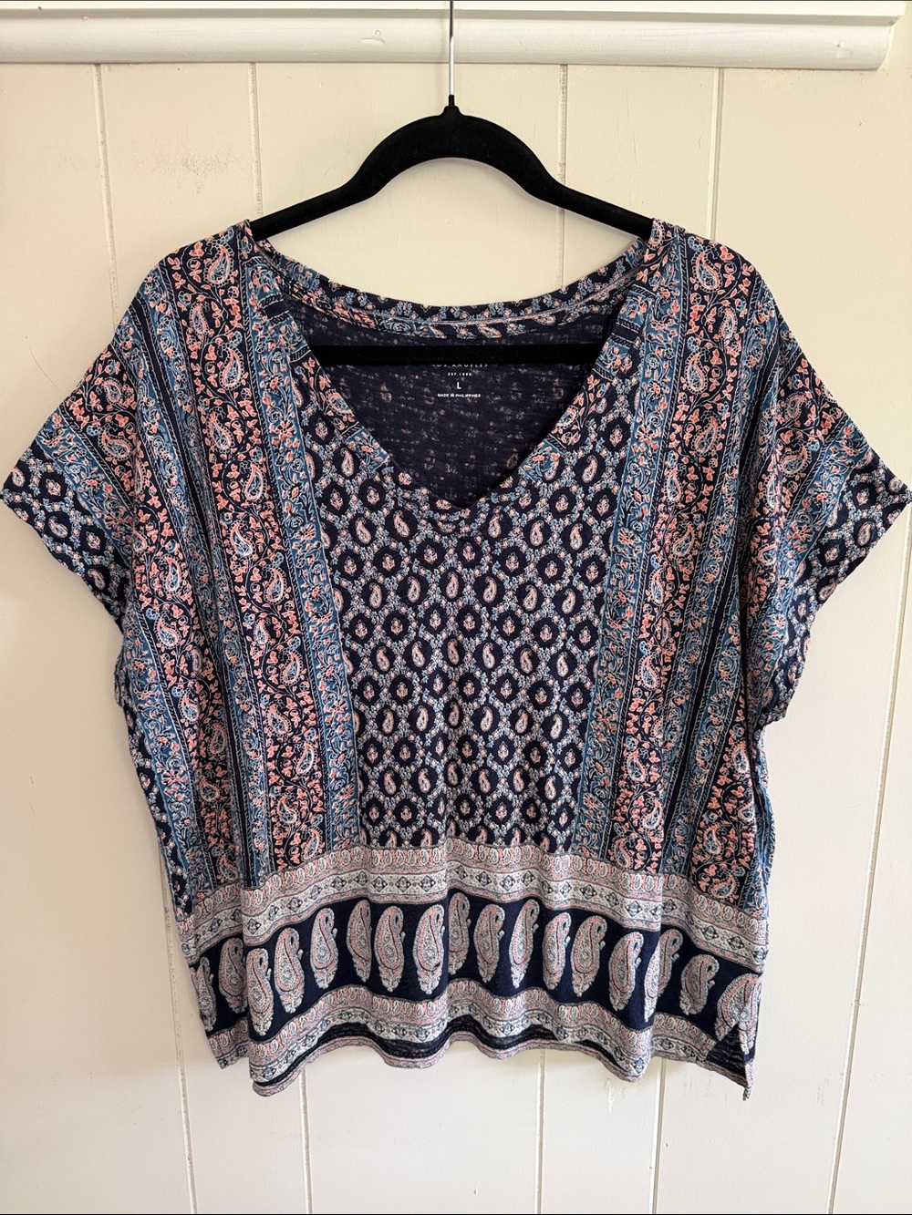 Lucky Brand Navy Paisley Women's Top Dolman Sleeves Boho Coastal Flowy Large